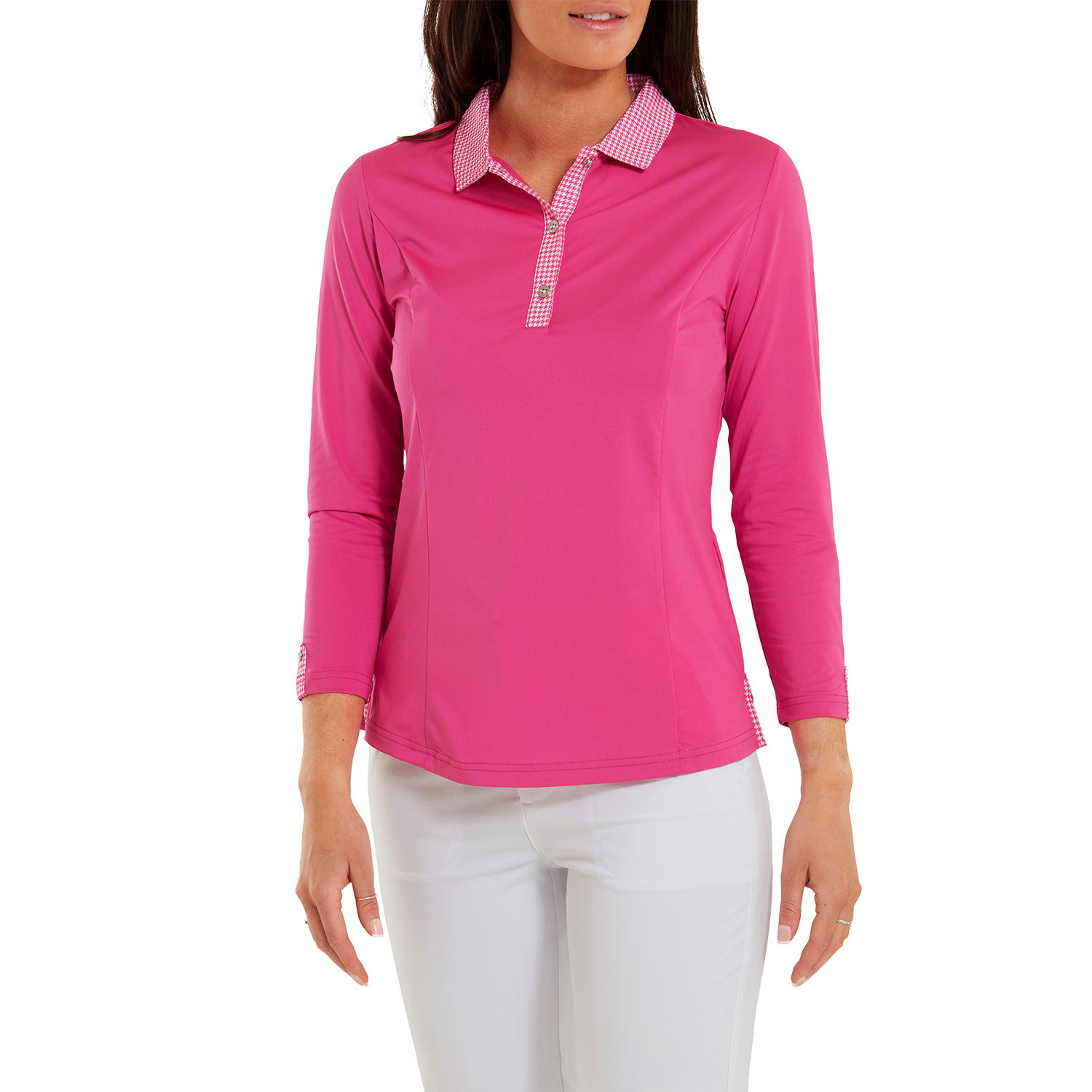 FootJoy Houndstooth Trim 3/4 Sleeve Ladies Golf Polo Shirt Hot Pink/Hot ...