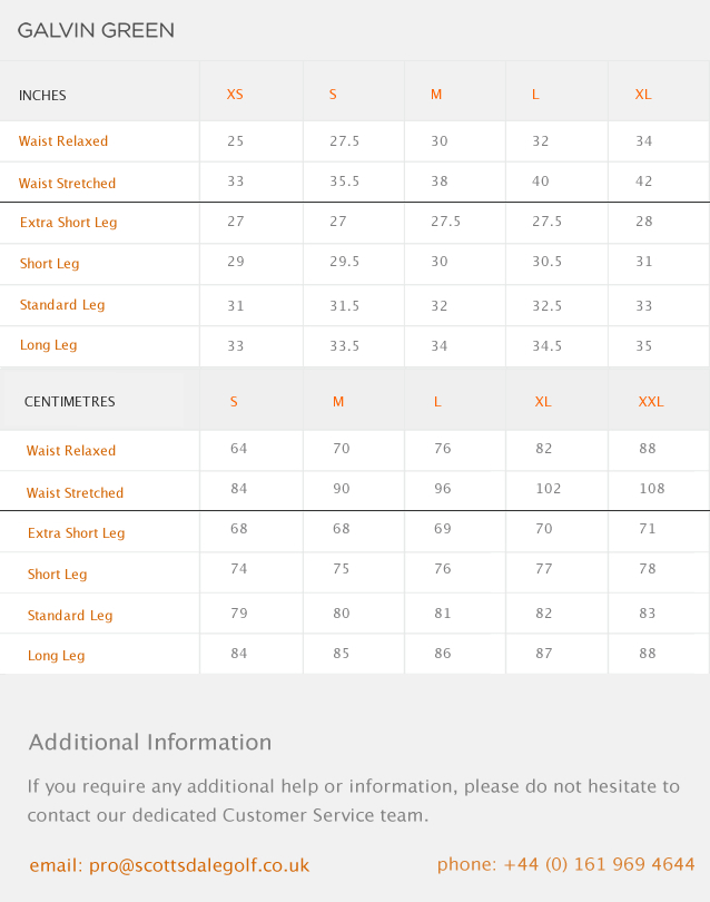 Galvin Green Size Chart Uk