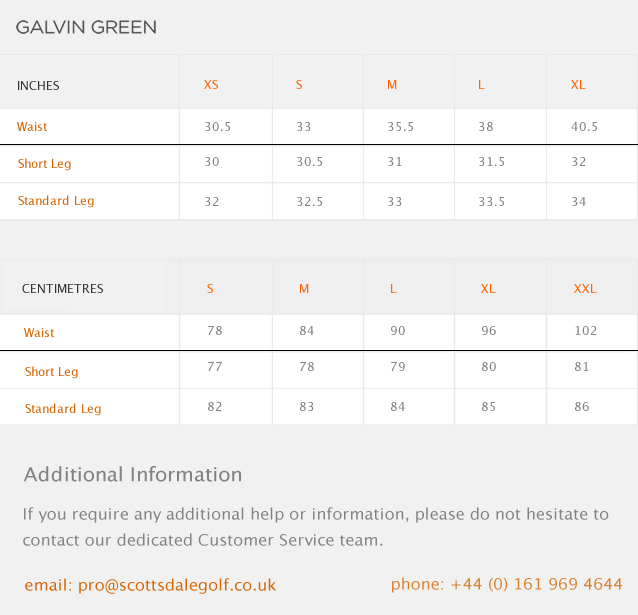 Galvin Green Angie Size Guide
