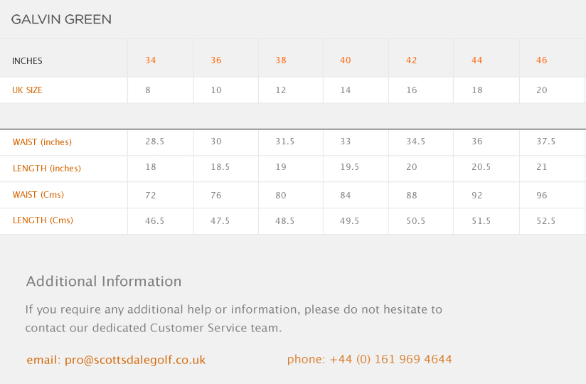 Galvin Green Skorts Size Guide