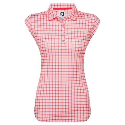 FootJoy Gingham Print Cap Sleeve Ladies Golf Polo Shirt Pink/Red 81684