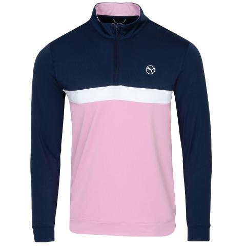 PUMA Pure Colorblock Zip Neck Golf Sweater Deep Navy/Pink Icing