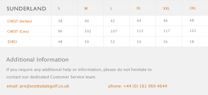 Sunderland Golf Size Chart